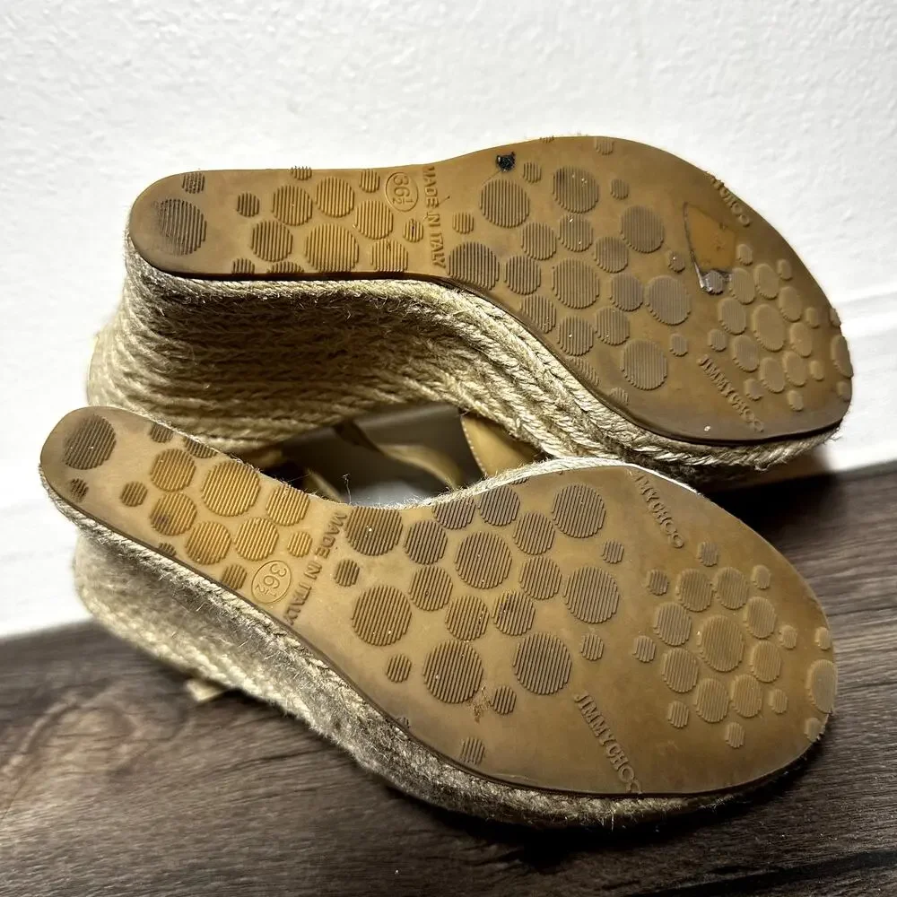 Jimmy Choo Porto Espadrille Wedge Sandals Patent Crisscross Straps Tan 36.5 6